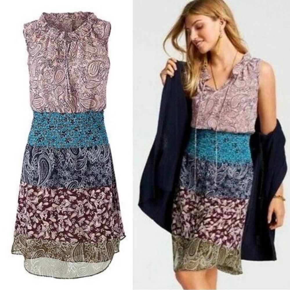 Cabi 5371 DANI Tan Blue Wine Chiffon Paisley Patchwork Shirred Smock Waist Dress